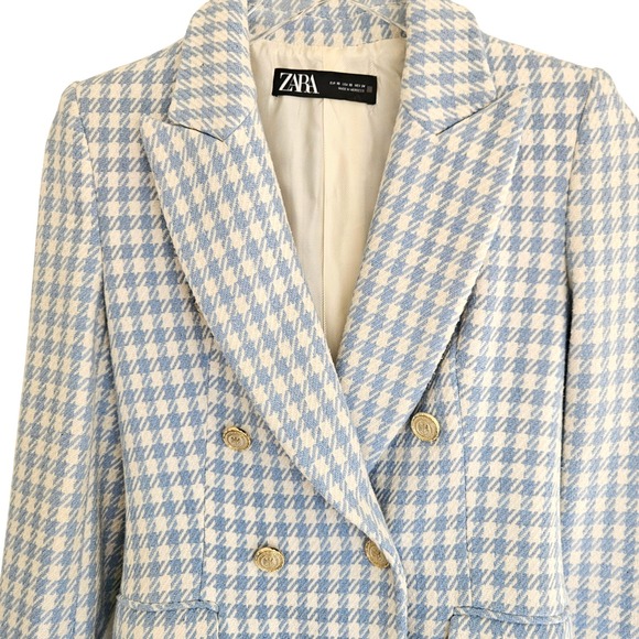 Zara Double-Breasted Blazer‎ Jacket in Blue Check Plaid Princess Kate Sz XS - Picture 4 of 16